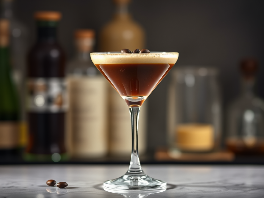 A beautifully crafted coffee martini garnished with three coffee beans, placed on a marble countertop against a blurred background of cocktail ingredients.